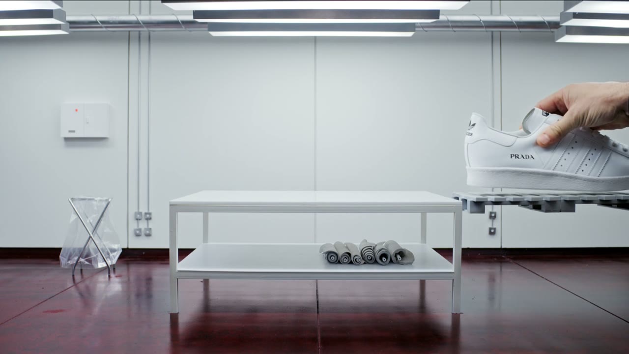 Still from Adidas x Prada: a white sneaker held above a steel table in a sterile white laboratory